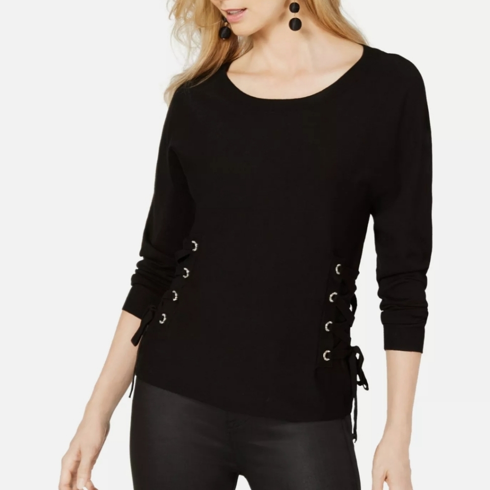 I-N-C Womens Lace Up Sides Pullover Black Sweater